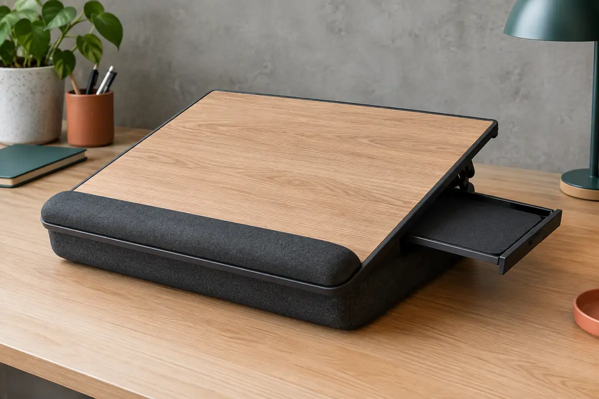 Plateau pour ordinateur portable effet bois au cadre noir sur coussin sombre, avec repose-poignet et tiroir à tapis de souris entrouvert, sur une table en bois clair