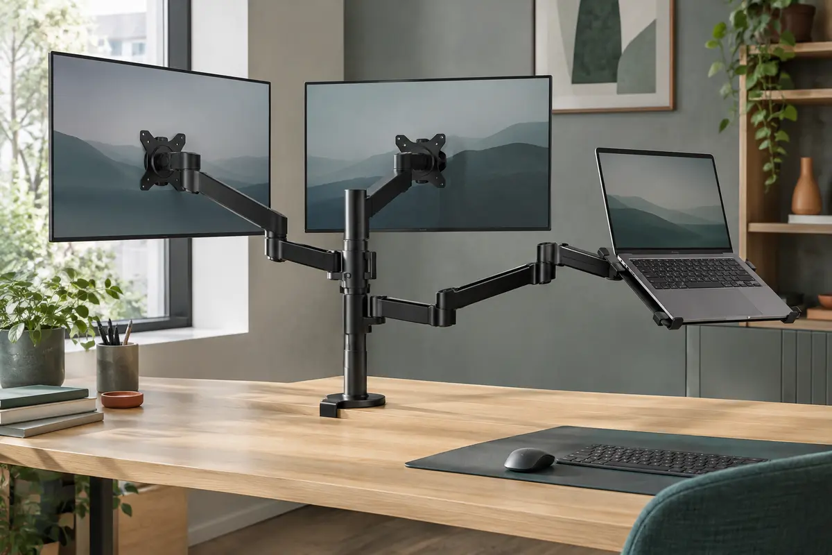 Bras Vivo noir avec deux supports d’écran et un plateau pour ordinateur portable, fixé à un bureau