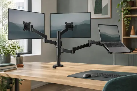 Bras Vivo noir avec deux supports d’écran et un plateau pour ordinateur portable, fixé à un bureau