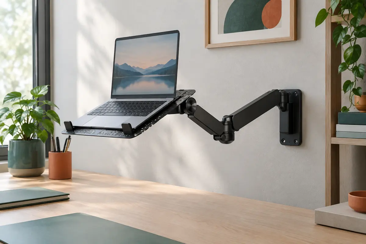 Support mural noir à bras pneumatique articulé avec plateau ventilé pour ordinateur portable près d’un bureau en bois clair.