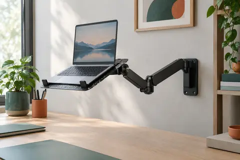 Support mural noir à bras pneumatique articulé avec plateau ventilé pour ordinateur portable près d’un bureau en bois clair.