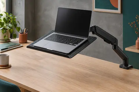 Plateau métallique noir ajouré monté au bout d’un bras d’écran articulé, portant un ordinateur portable ouvert au-dessus d’un bureau en bois clair
