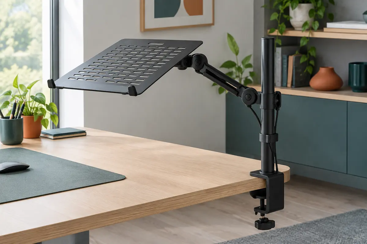 Support noir pour ordinateur portable à plateau ventilé, bras articulé et pince en C fixé à un bureau