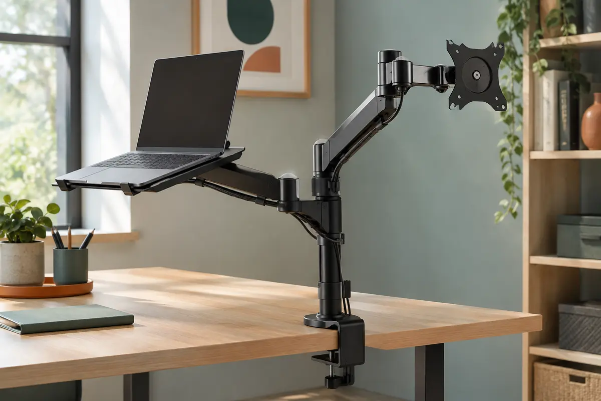 Bras articulé noir en acier avec un écran et un ordinateur portable sur plateau amovible