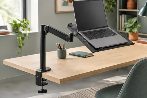 Bras articulé noir fixé à un bureau, avec plateau métallique perforé pour ordinateur portable.