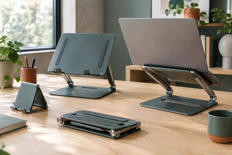 Différentes formes de supports pour ordinateur portable présentées sur un bureau dégagé