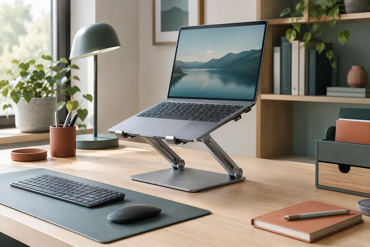 Ordinateur portable installé sur un support de bureau dans un espace de travail sobre et fonctionnel